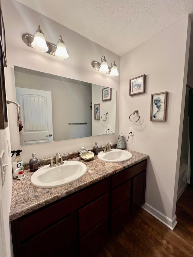 4021 County Road 124, Cardington, OH 43315 - bathroom with double vanity, wood finished floors, a sink, and a textured ceiling