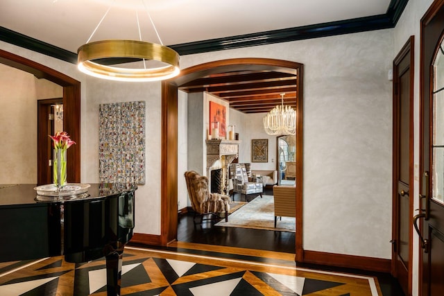 interior space featuring crown molding and dark hardwood / wood-style floors