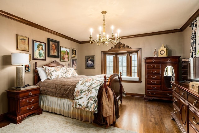 bedroom with crown molding, wood-type flooring, and a chandelier