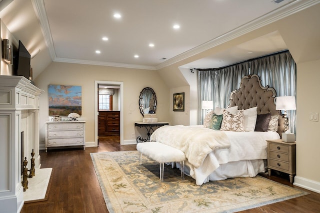 bedroom featuring ornamental molding and dark wood-type flooring