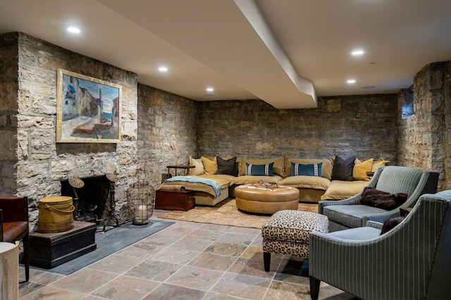 living room featuring a fireplace