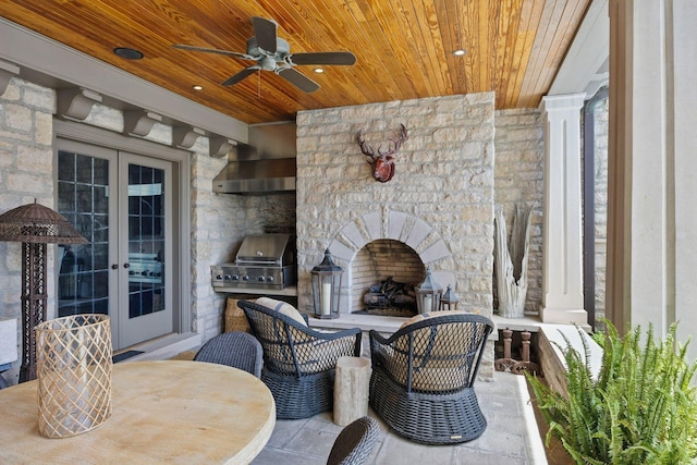 2528 Tremont Rd, Columbus, OH 43221 - view of patio / terrace featuring an outdoor stone fireplace, french doors, a ceiling fan, and outdoor dining space