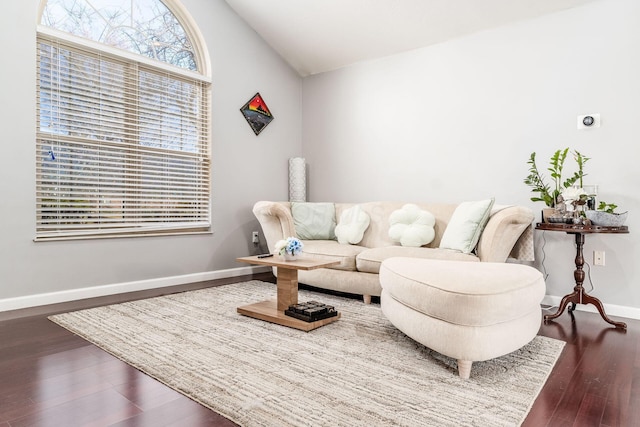 living room with lofted ceiling and dark hardwood / wood-style flooring