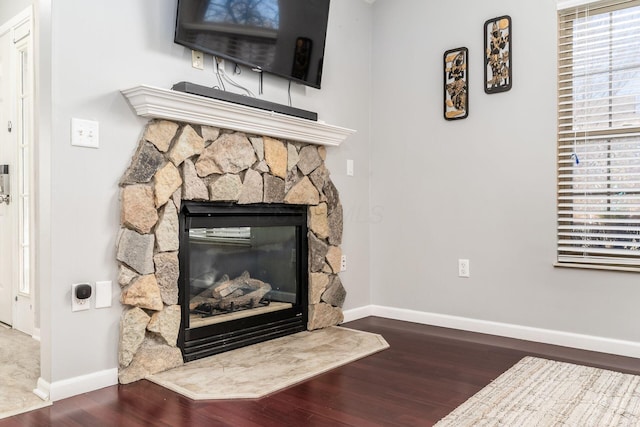 interior details featuring wood-type flooring and a fireplace