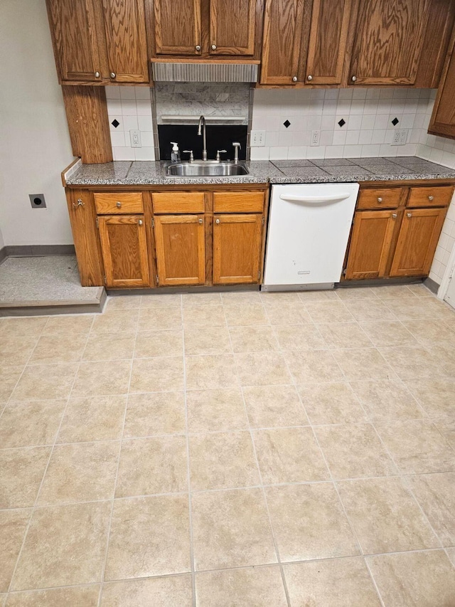 kitchen featuring sink, decorative backsplash, dark stone counters, and dishwasher