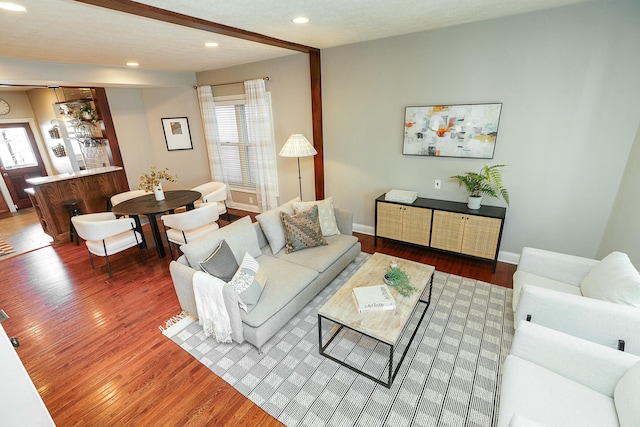 living room with a wealth of natural light and dark hardwood / wood-style floors