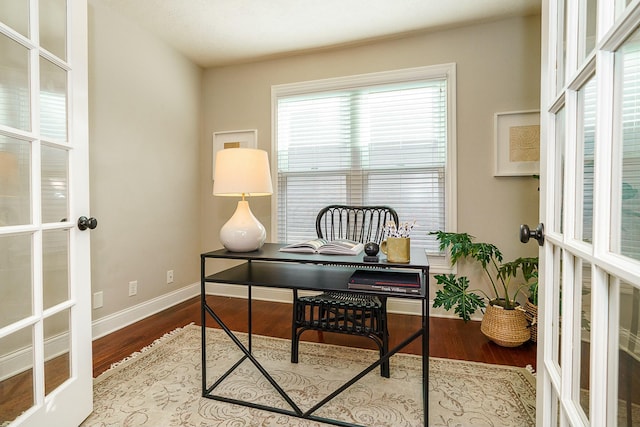 office area with french doors and wood-type flooring