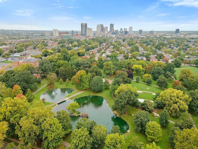 bird's eye view with a water view