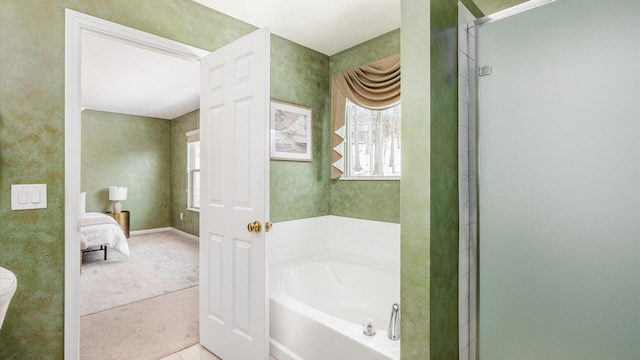 bathroom featuring an enclosed shower, connected bathroom, wallpapered walls, and a bath