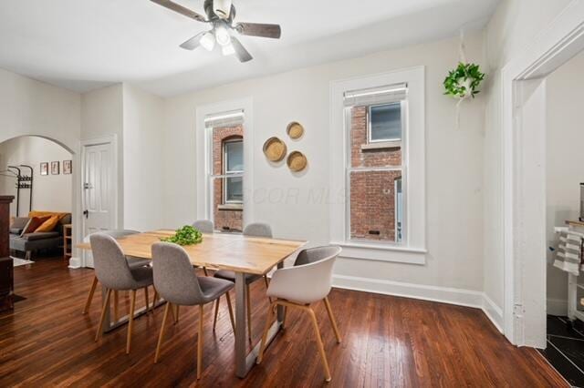 dining room featuring dark wood-type flooring and ceiling fan