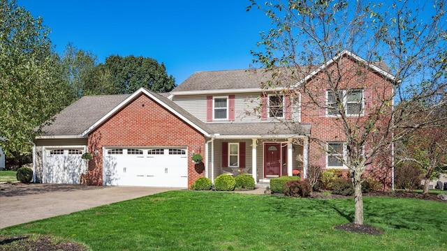 traditional-style house featuring driveway, an attached garage, and a front lawn