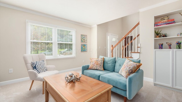 living area with light carpet, stairway, crown molding, and baseboards