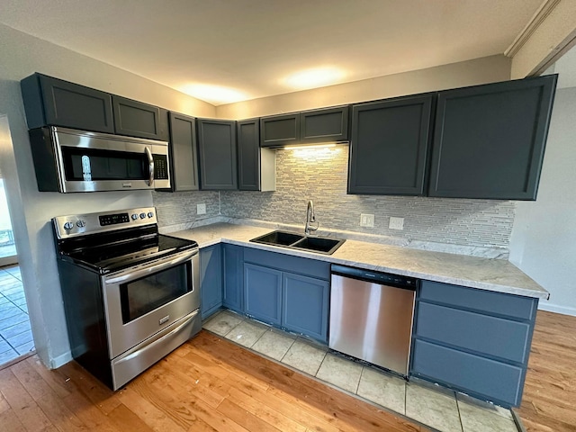 kitchen featuring appliances with stainless steel finishes, sink, backsplash, light stone counters, and light hardwood / wood-style flooring