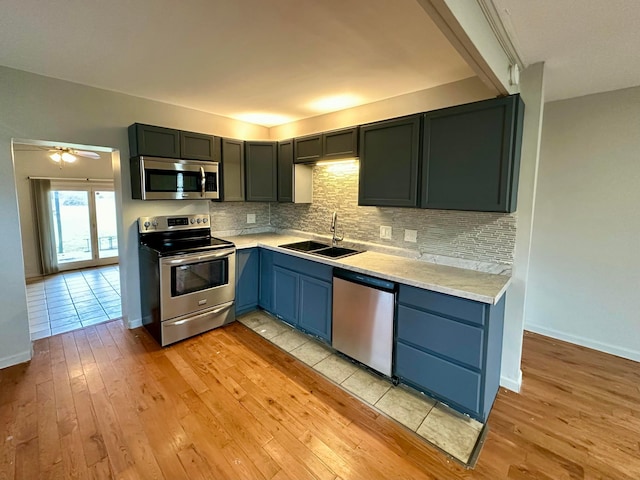 kitchen featuring tasteful backsplash, appliances with stainless steel finishes, sink, and light wood-type flooring