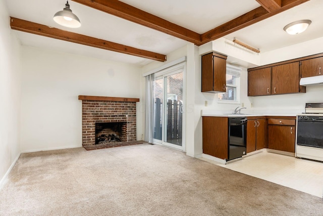 kitchen featuring sink, light carpet, black dishwasher, range with gas stovetop, and beamed ceiling