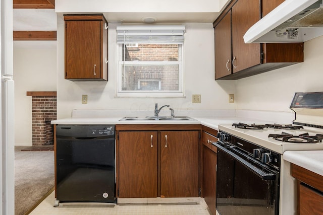 kitchen featuring sink, gas stove, black dishwasher, light colored carpet, and exhaust hood