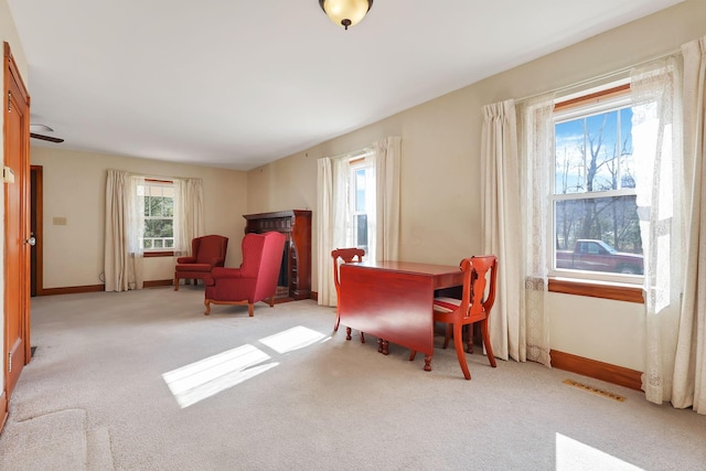 sitting room featuring light carpet