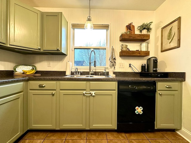 kitchen with light tile patterned flooring, dishwasher, sink, and hanging light fixtures