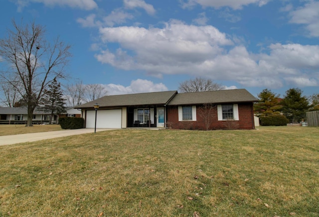 ranch-style home with a garage and a front yard