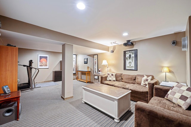 carpeted living room featuring recessed lighting