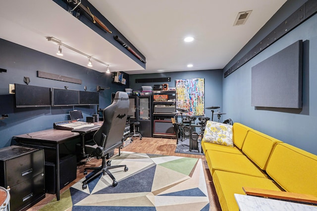 home office with tile patterned floors, visible vents, track lighting, and recessed lighting