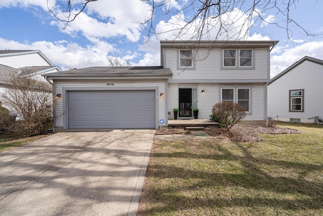 view of front of house with a garage, concrete driveway, and a front lawn