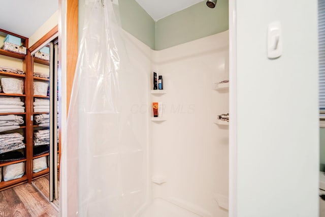 bathroom with walk in shower and hardwood / wood-style flooring