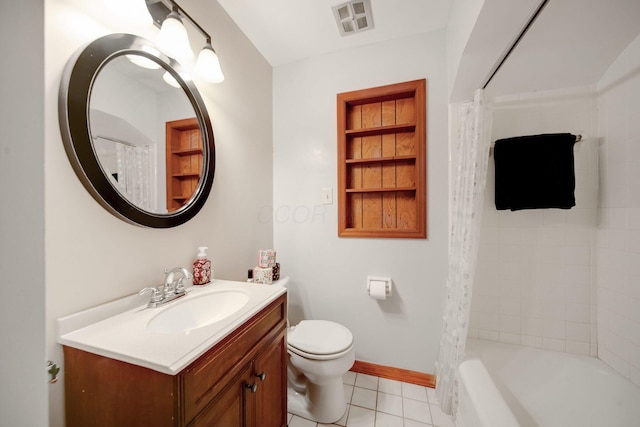 full bathroom featuring tile patterned flooring, vanity, toilet, built in shelves, and shower / bath combo with shower curtain