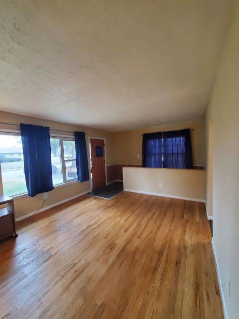 unfurnished living room with light hardwood / wood-style floors and a textured ceiling