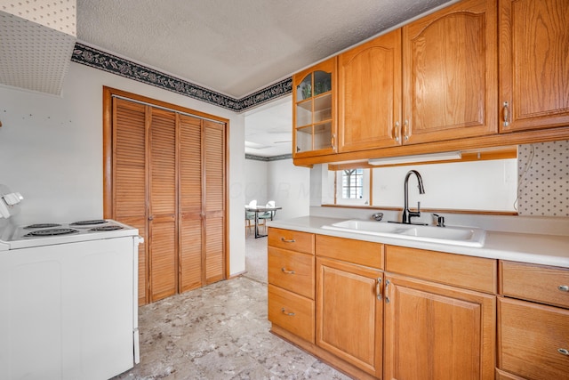 kitchen with white electric stove, a sink, light countertops, brown cabinetry, and glass insert cabinets