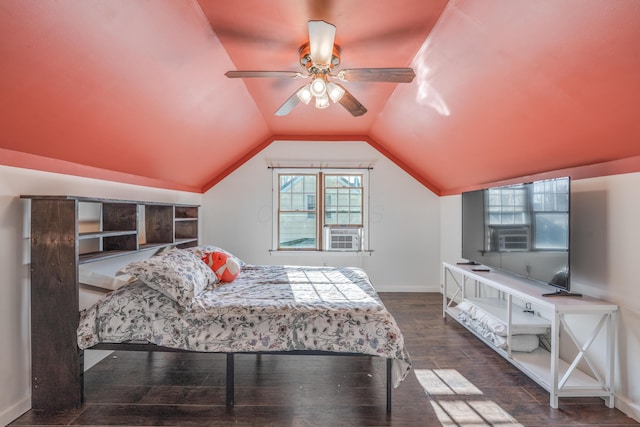 bedroom with lofted ceiling, cooling unit, a ceiling fan, baseboards, and dark wood finished floors