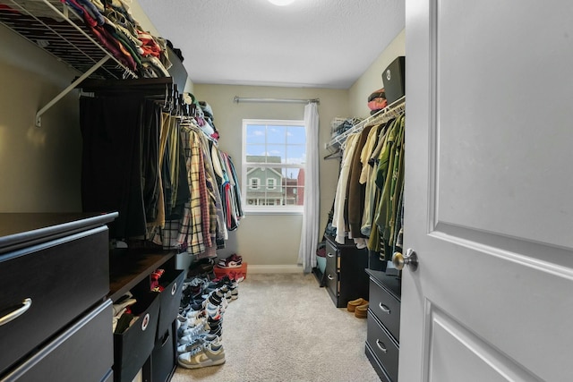 walk in closet featuring light carpet