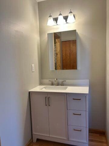 bathroom with vanity, baseboards, and wood finished floors