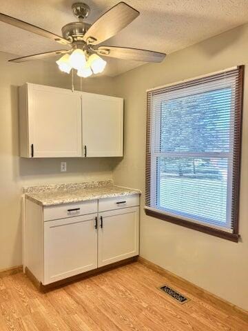 kitchen featuring light wood finished floors, visible vents, white cabinetry, and a textured ceiling