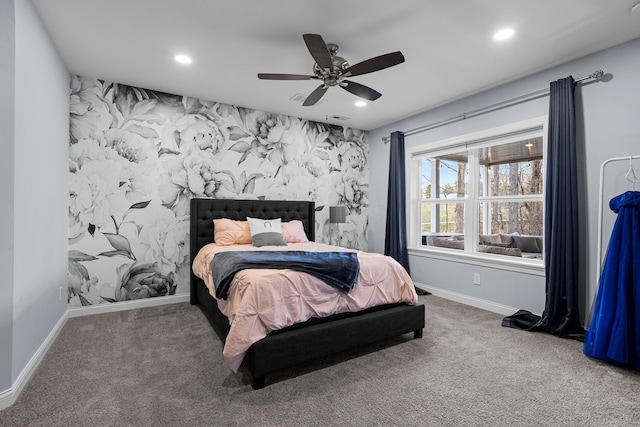 bedroom featuring an accent wall, recessed lighting, carpet flooring, and wallpapered walls