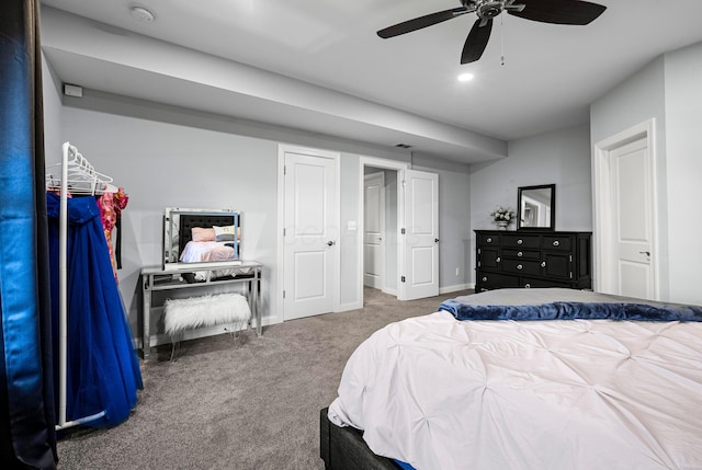 carpeted bedroom with ceiling fan, recessed lighting, and baseboards