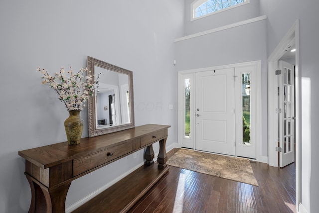 foyer with baseboards, dark wood finished floors, and a high ceiling