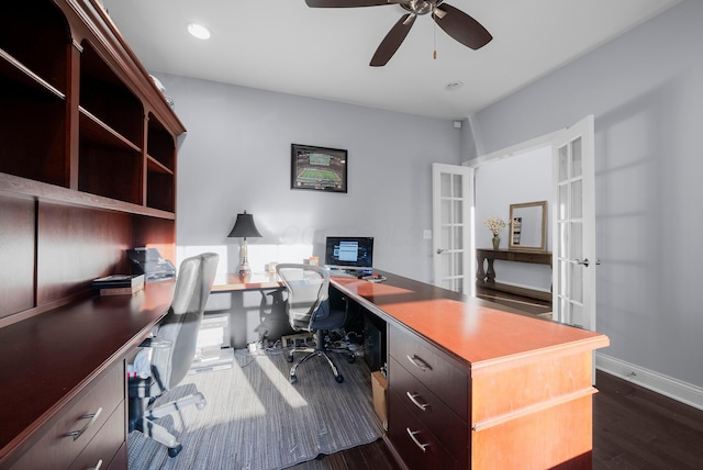 office space with baseboards, ceiling fan, dark wood-style flooring, french doors, and recessed lighting