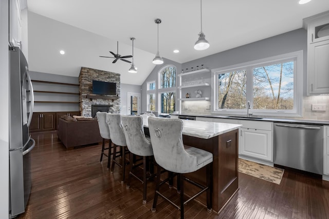 kitchen featuring white cabinets, dark wood finished floors, lofted ceiling, stainless steel appliances, and a sink