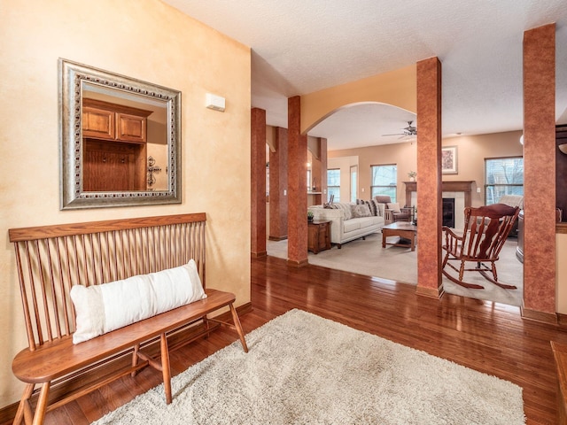 living area featuring wood-type flooring, a wealth of natural light, a textured ceiling, and ceiling fan