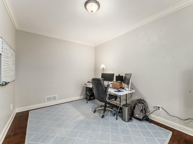 office area featuring crown molding and hardwood / wood-style floors