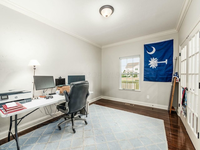 home office featuring ornamental molding and dark hardwood / wood-style flooring