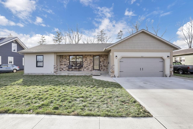 single story home with a garage and a front yard