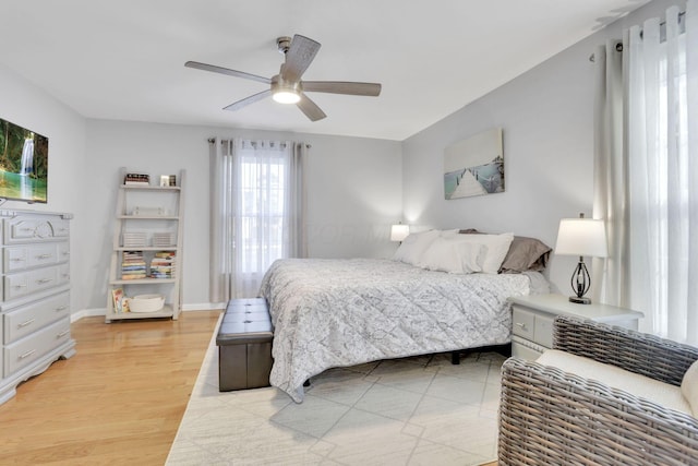 bedroom with ceiling fan and light wood-type flooring