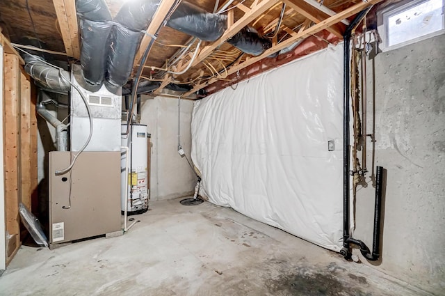 basement featuring heating unit and gas water heater