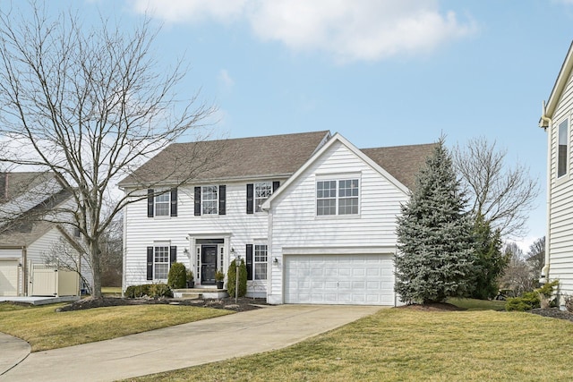 view of front facade featuring driveway, an attached garage, a front lawn, and a shingled roof