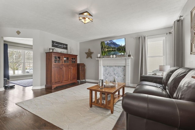 living room featuring dark wood-style floors, a fireplace, and baseboards