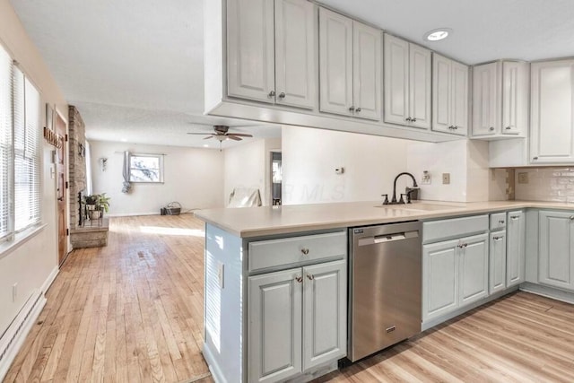 kitchen featuring gray cabinets, dishwasher, sink, and baseboard heating