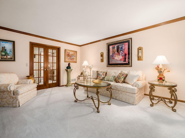 living room with carpet, french doors, crown molding, and baseboards