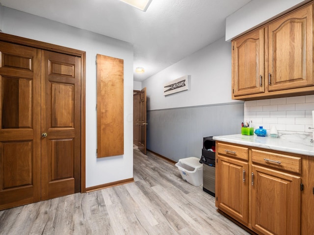 interior space featuring a wainscoted wall, backsplash, vanity, and wood finished floors